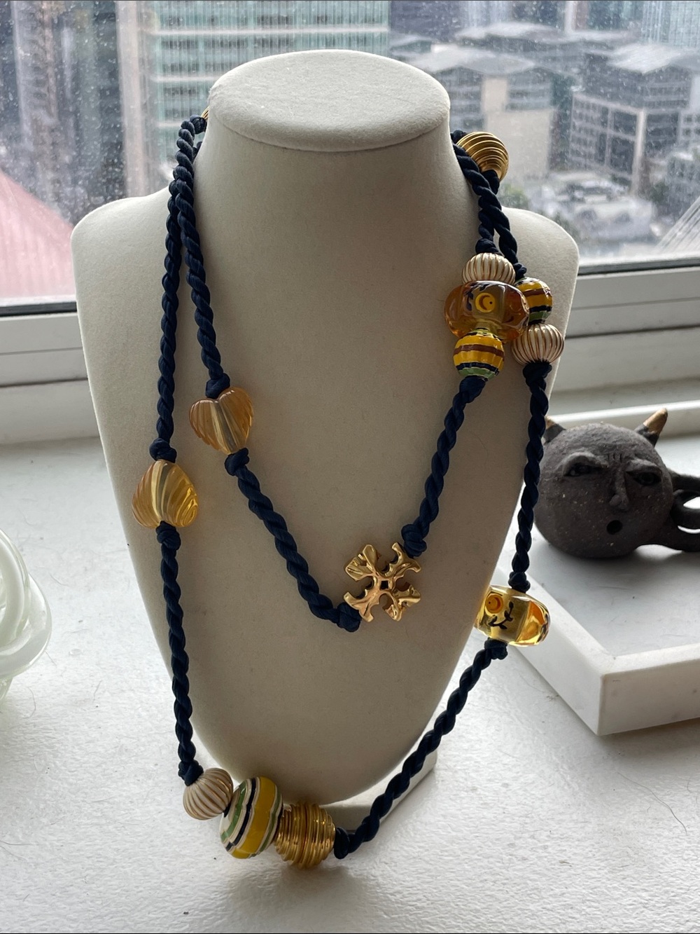 Tory Burch Long Beaded Necklace Silk Cord Gold Beads Statement Layering Necklace